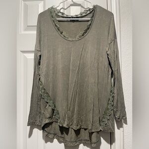 Olive Green Long Sleeve Top with Lace Trim